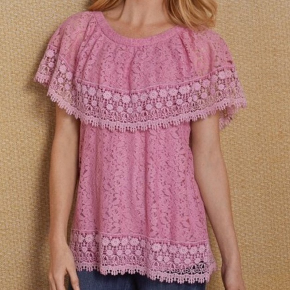 Soft Surroundings Pink Lace Ruffled Short Sleeve Blouse